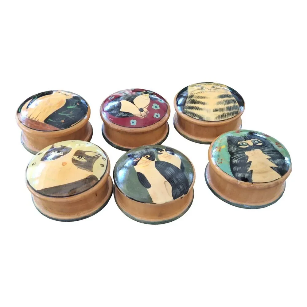 Hand Painted Wooden Cat Trinket Boxes Set of 6 Boxed Vintage Authentic Models